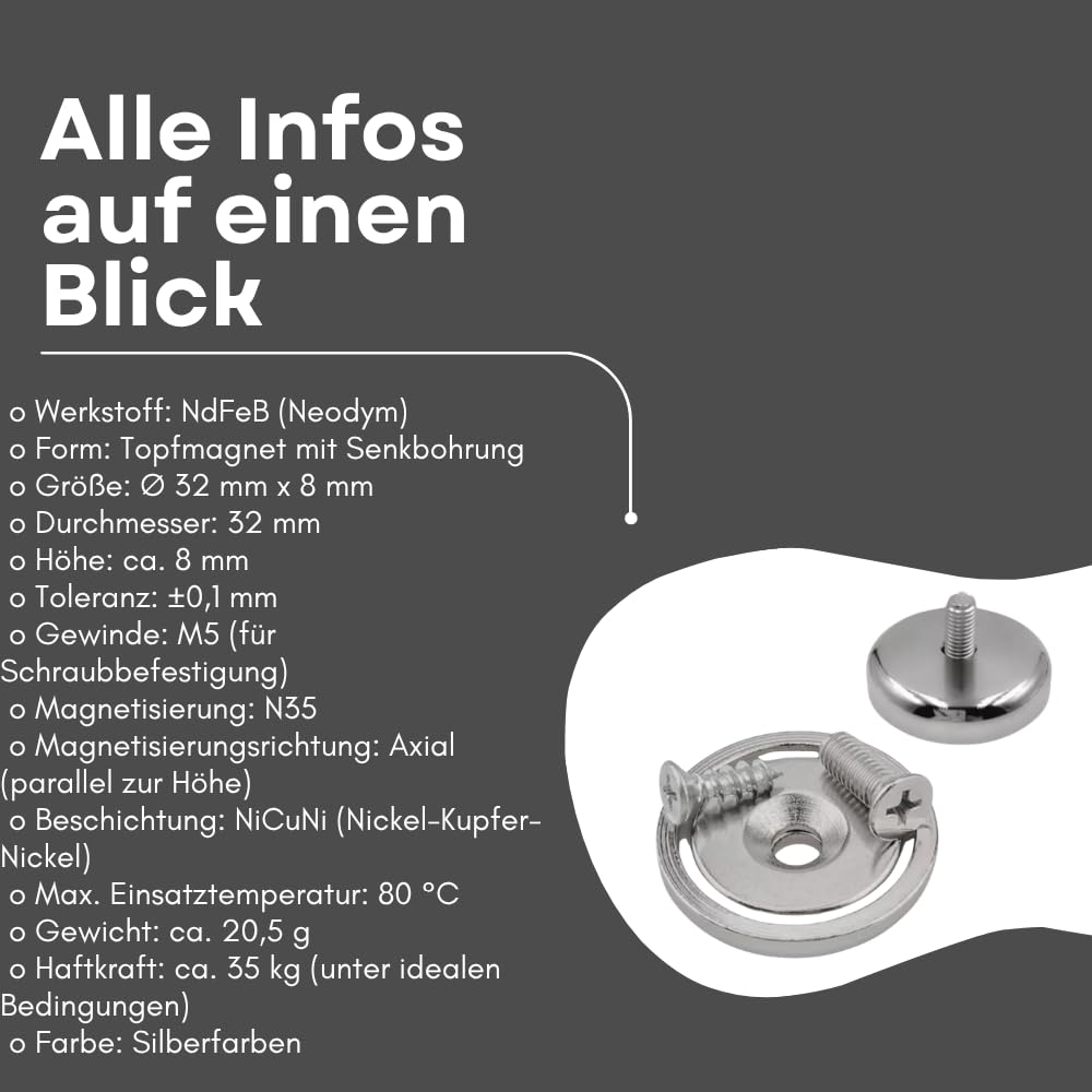 Strong Magnets, magnete al neodimio, 32 mm, 20 pezzi, extra forte, dura fino a 37 kg, applicazione industriale, officina o ufficio, magnete da avvitare