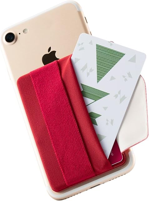 Sinjimoru Phone Grip Card Holder with Flap, Credit Card Stick-On Wallet functioning as Phone Holder, Safety Finger Strap for iPhone and Android. Sinji Pouch B-Flap, Red.