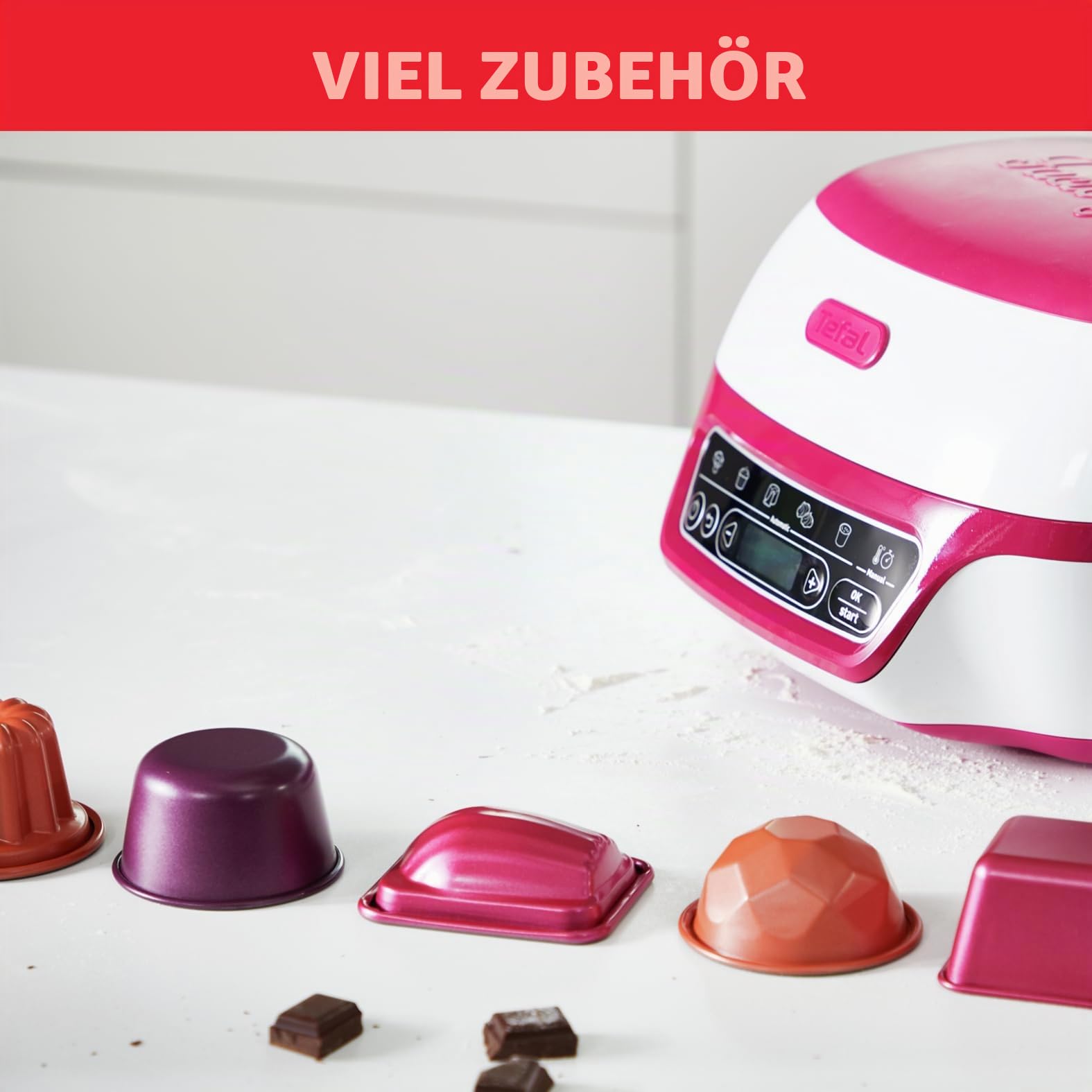 Tefal Cake Factory Délices KD8101 | Kuchenbackautomat | 5 Automatische Programme | Manueller Modus | Rezeptheft | Umfangreiches Zubehör | Gratis App | Kuchen und Süßspeisen | weiß / pink