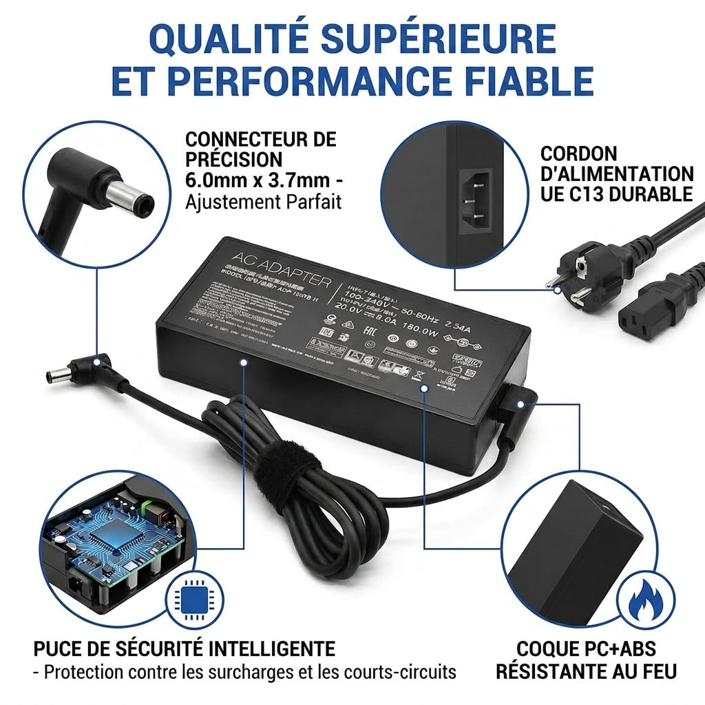 Adaptateur Secteur AC 180W ADP-180TB H Compatible avec ASUS ROG Zephyrus G14 GA401 GA401Q GA401i GA401iv GA401ih, Chargeur 20V 9A Cordon d'alimentation pour Ordinateur Portable TUF Gaming