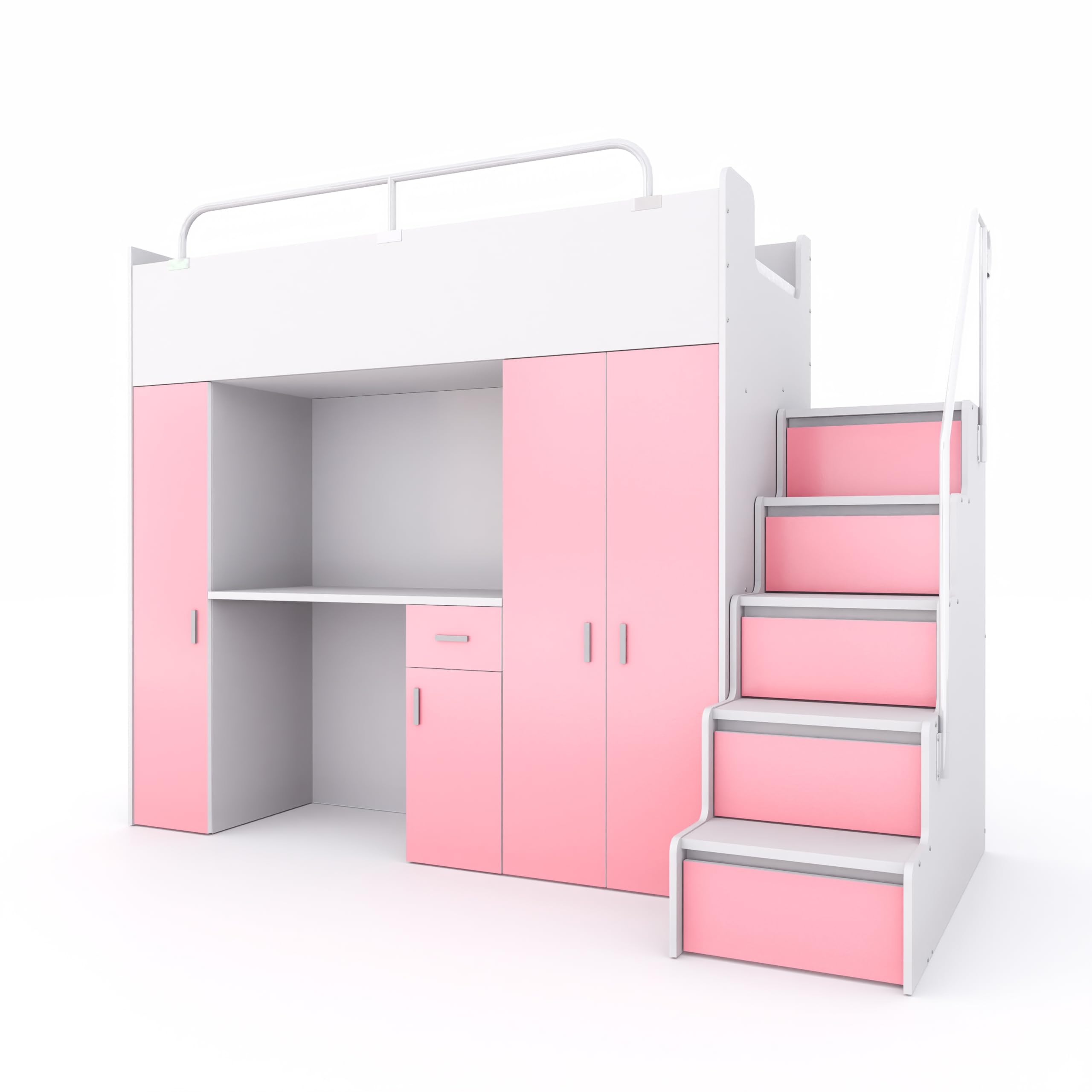 Hochbett Kinderbett JSM-5 80x190 mit Kleiderschrank Schreibtisch und Treppe Matt Etagenbett Stockbett Jugendhochbett (Rosa)