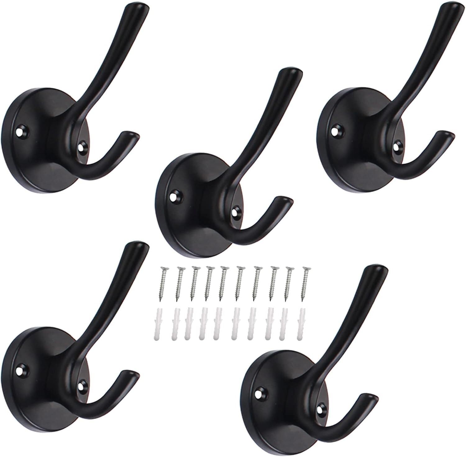 LCANALLYMS Wall hooks, 5 Pack Big Heavy Duty Dual Coat Hooks Wall Mounted with Screws Robe Rustic Utility for Hanging Towel Hat Cup Key(A)