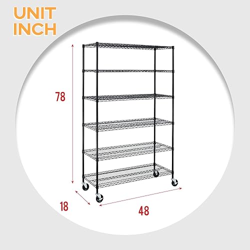 Miniatura 3 de FDW - Estantería metálica  6 estantes de alambre de acero resistente ajustables, con ruedas, 48 pulgadas (L) x 18 pulgadas (An) x 76 pulgadas (A)