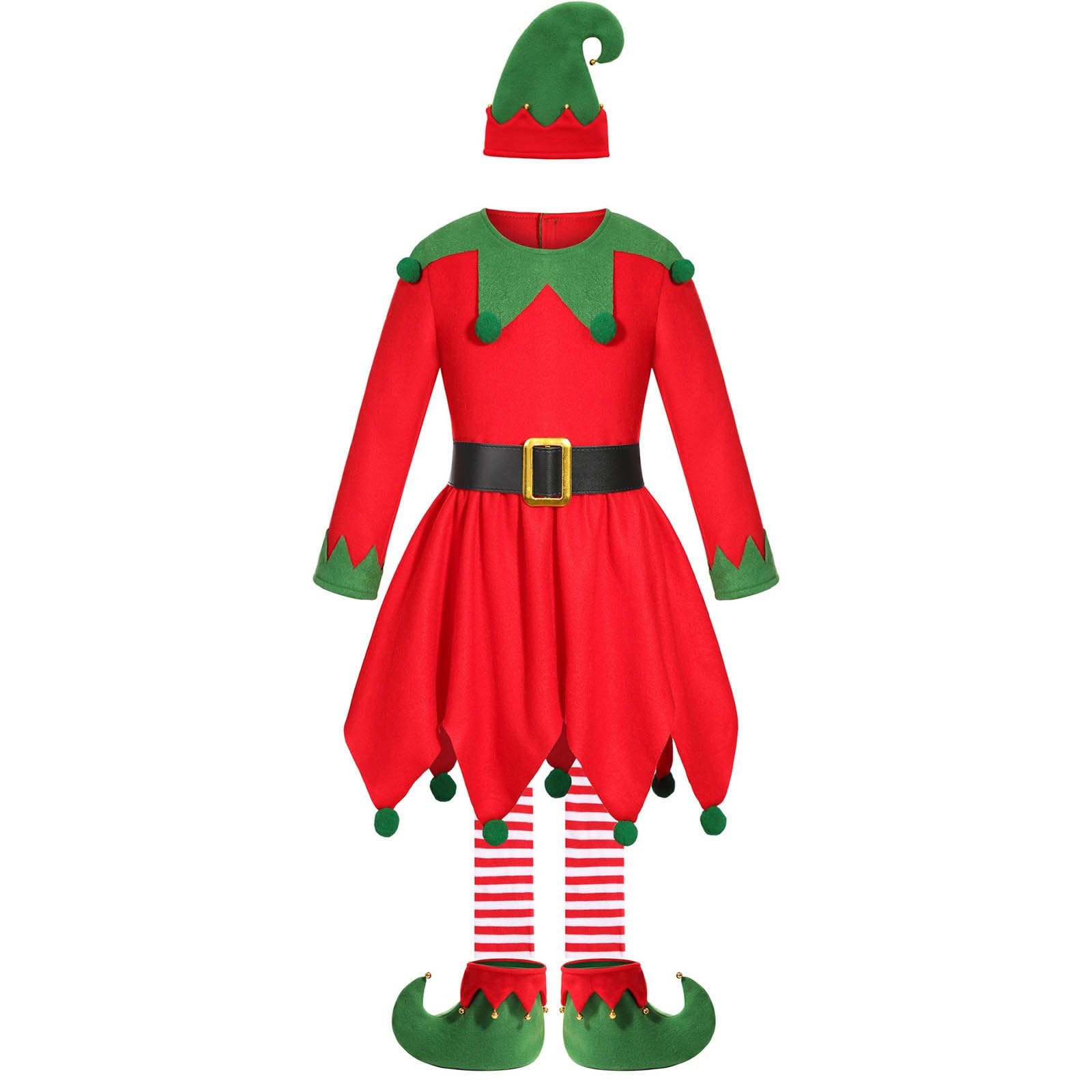 Générique Déguisement elfe de Noël pour fille, robe rouge à col vert et ceinture noire, costume de lutin festif pour spectacle de Noël et carnaval, tenue cosplay enfant pour fête costumée