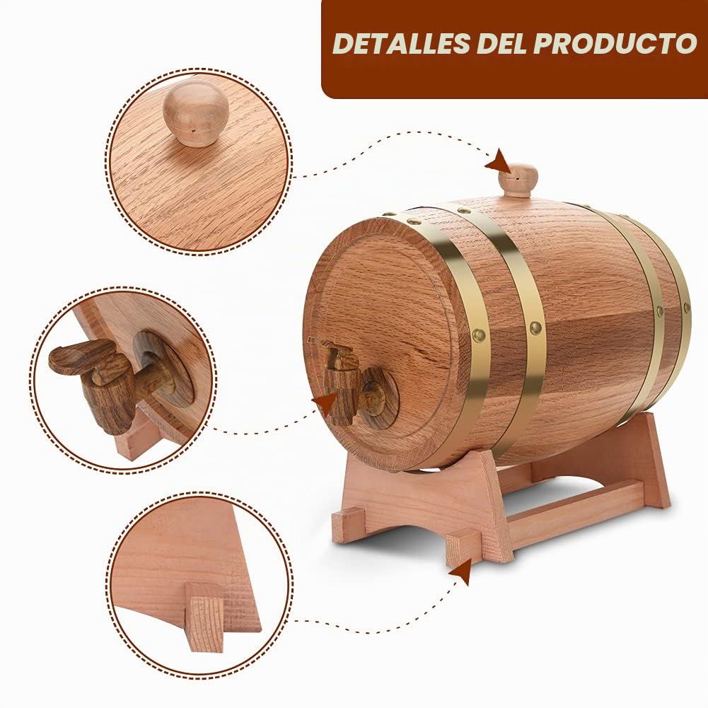 Greensen Barril de Roble 3 litros, Barrica de Madera para Vino, Whisky, Licor o Cócteles, Pequeña para Aficionados del Vino, Bares y Eventos
