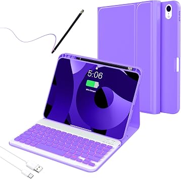 For iPad 10th Generation Case with Keyboard,Adjustable 7 Color Backlit, Detachable with Pencil Holder,Bluetooth Keyboard for 10.9 inch 2022Included Capacitor Pen Cleaning Cloth,Lavender purple