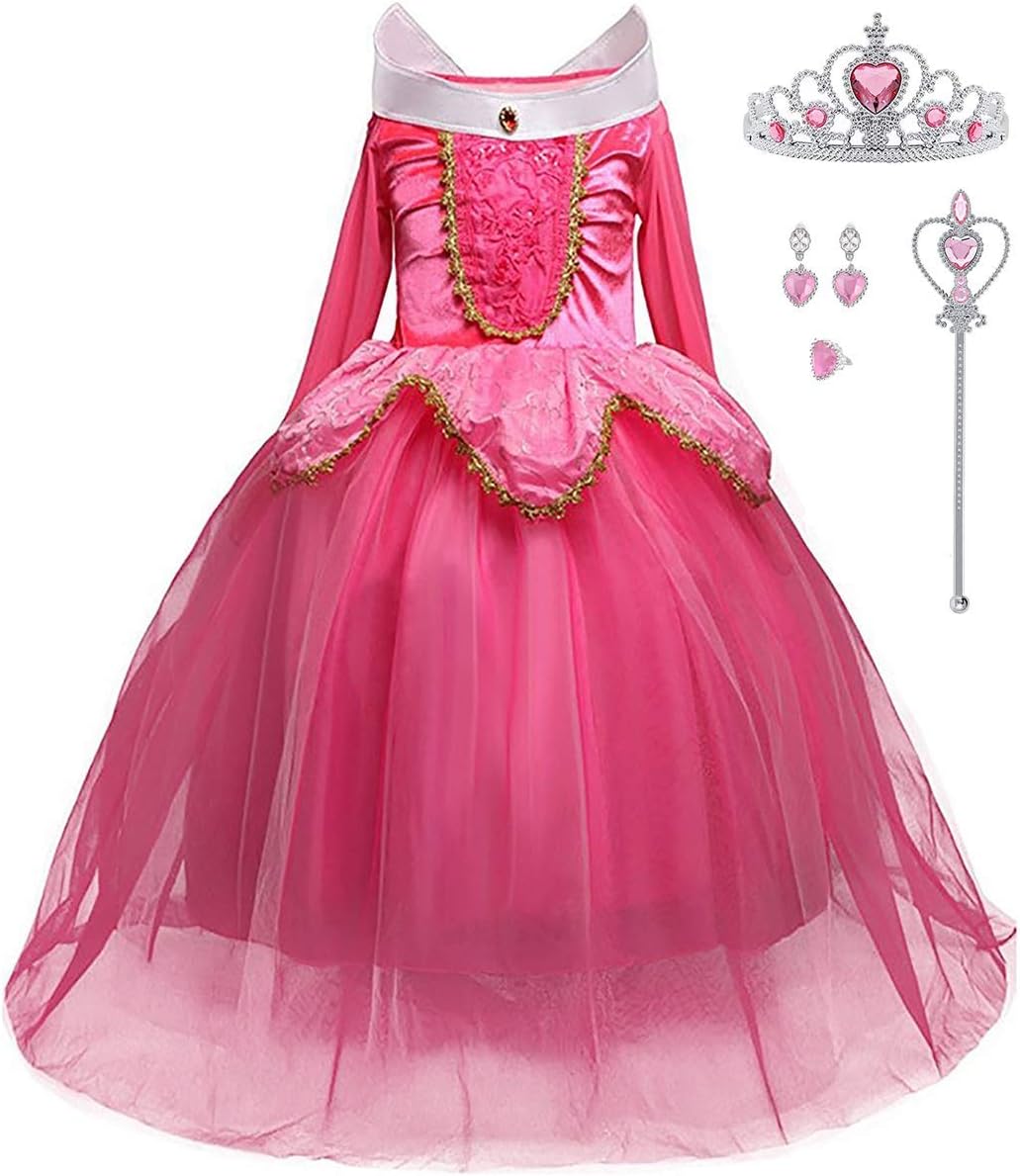 iTVTiGirls Princess Dress Up Halloween Party Costume with Crown Wand Earrings Ring Pink