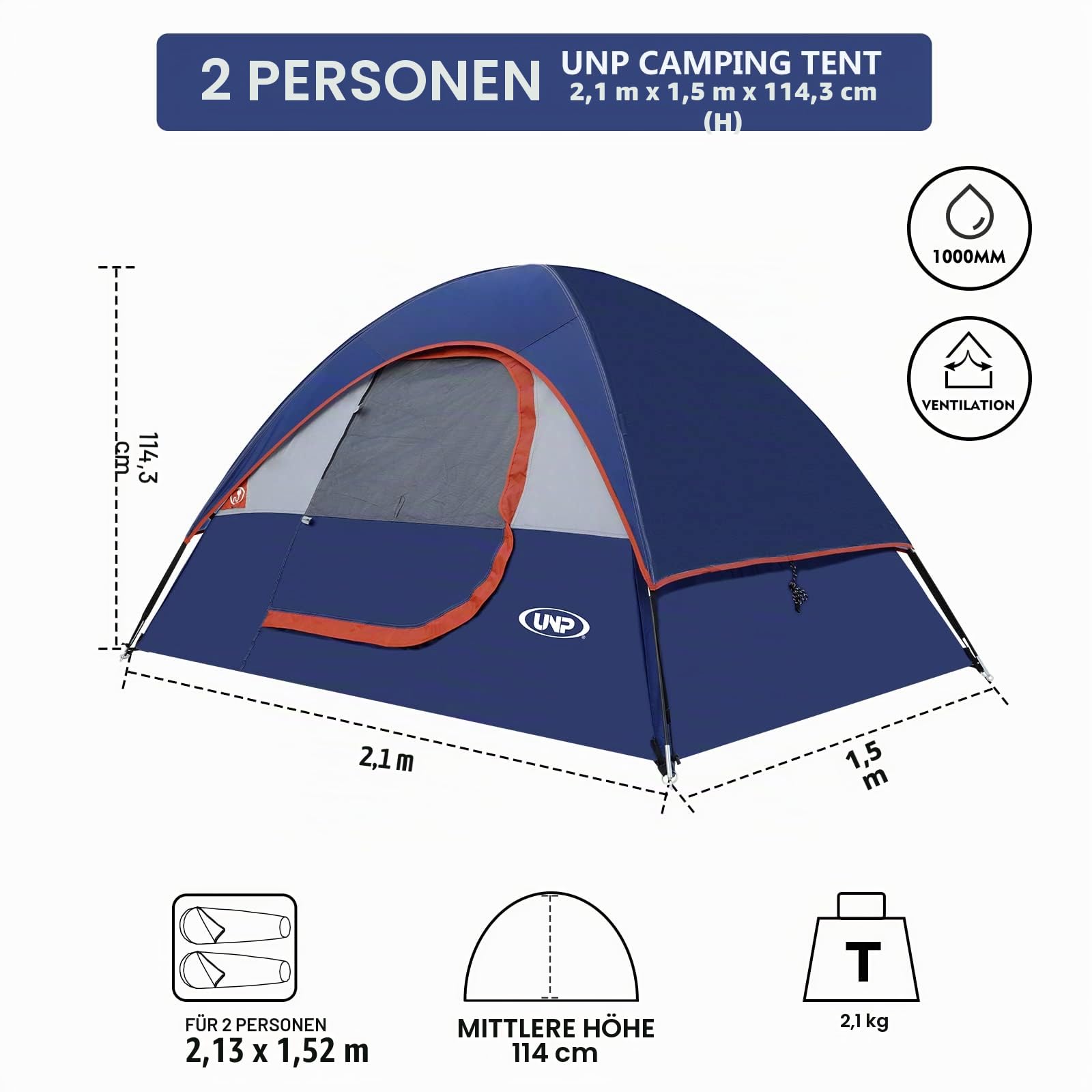UNP Campingzelt 2-3 Personen, Wasserdicht, Winddicht, Mit Regenschutz, Einfach Aufzubauen, Tragbares Kuppelzelt FüR Camping