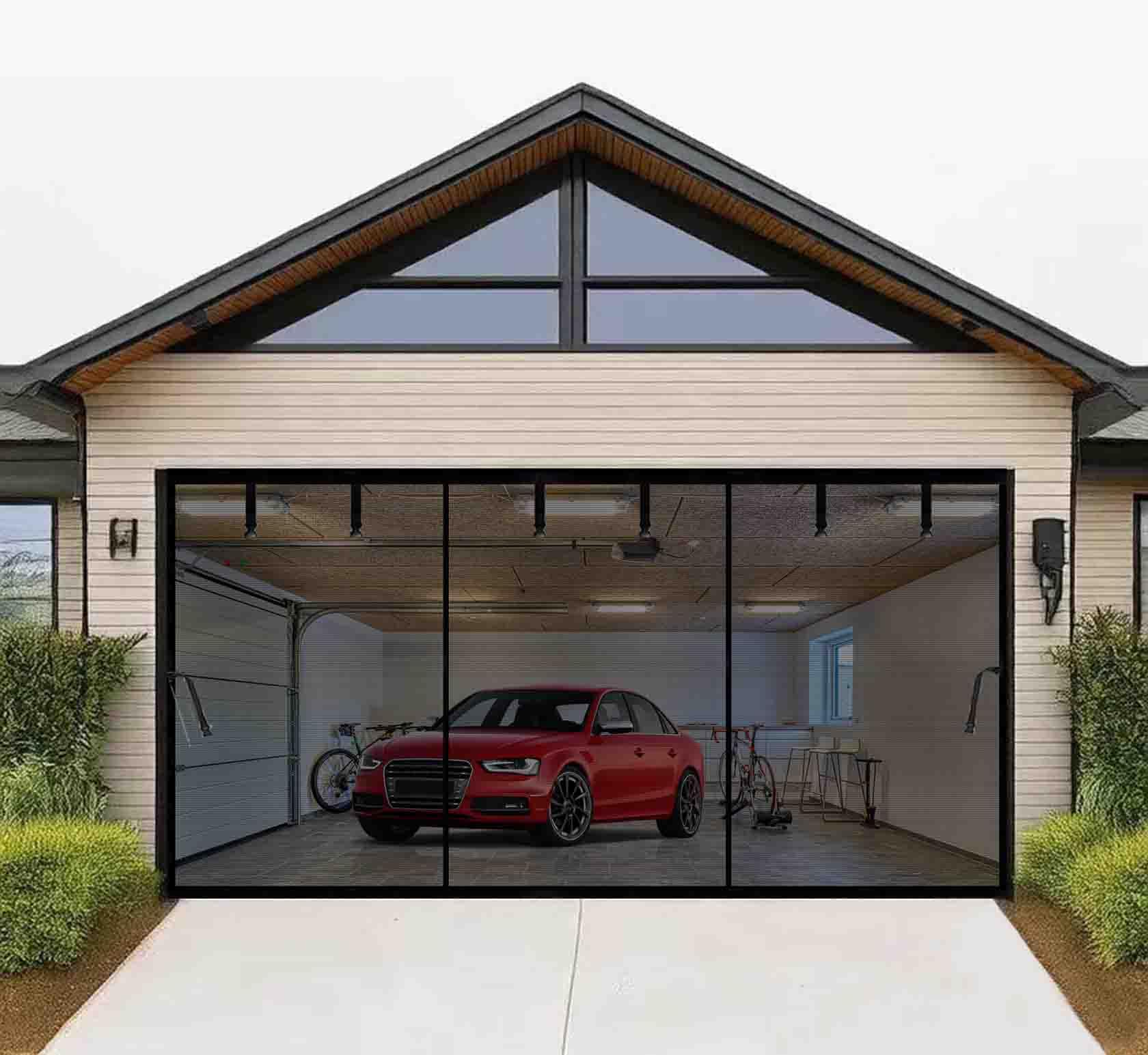 Magnetic Garage Door Screen 16x10ft for 2 3 Car Doors Durable Fiberglass Heavy Duty Mesh Magnetic Net, Pets Friendly Retractable Carport Garage Patio Porch RV Doors Curtain (Black, 16x10ft)