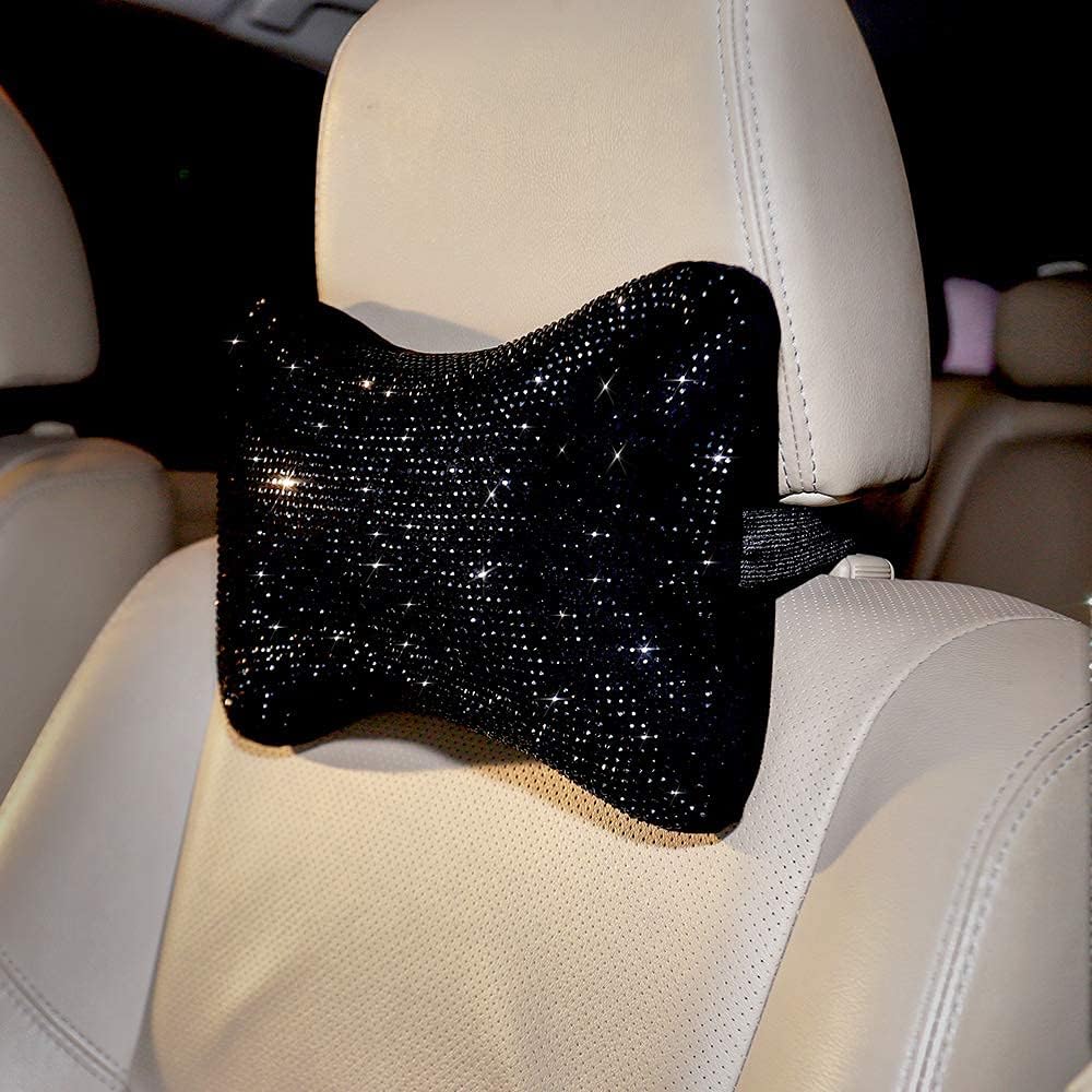 Carwales 2Pcs Neck Rest for Car Neck Pillow for Driver, Auto Seat Headrest Cushion Driving Relax Necksupport Black Diamonds Bling Car Accessories for Women Men High Grade