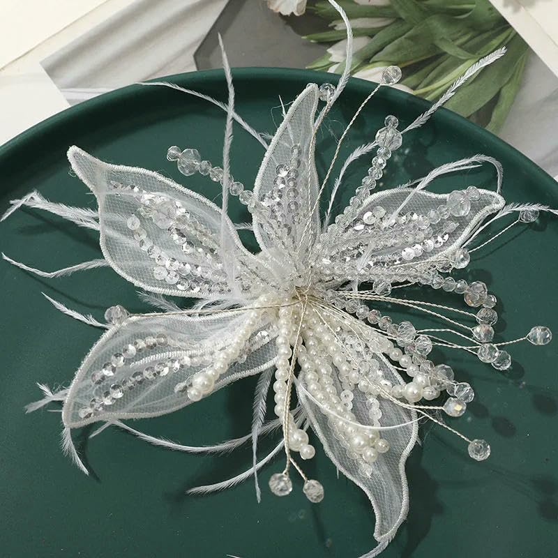 13 cm Chiffon c Fiori fatti a mano con piuma Fai da te Artigianato f Fermaglio per capelli in stoffa Compleanno matrimonio-Bianco-5 pezzi