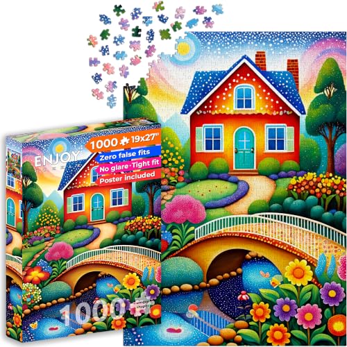 Rompecabezas de 1000 piezas para adultos - Jardín con Cabaña y Puente de Piedra - Acabado mate anti-reflejo, 27x19 pulg, Desafiante y regalo único para mujeres y amantes de rompecabezas | Enjoy miniatura 1