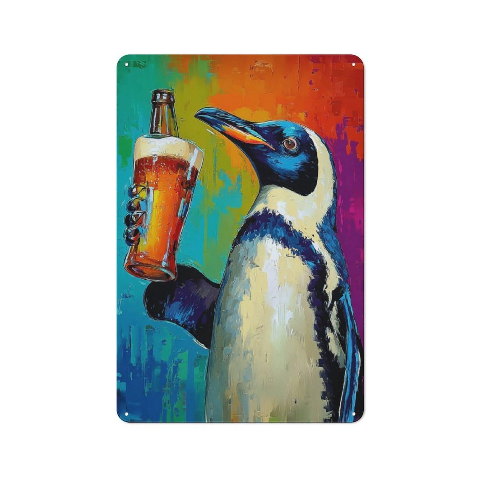 Junmoney Penguin With Beer Bottle Rustic Metal Wall Decor 30X20cm, Decorative Tin Sign For Farmhouse Kitchen, Pantry Or Dining Area