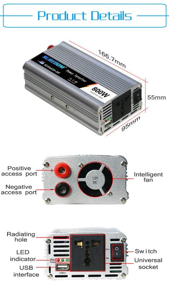 Convertisseur de Tension 800W (Peak 1600W) Onduleur de Voiture DC 12/24 V in AC 220V / 230V / 240V avec Connexion USB pour appareils Photo, Ordinateurs Portables, Smartphones