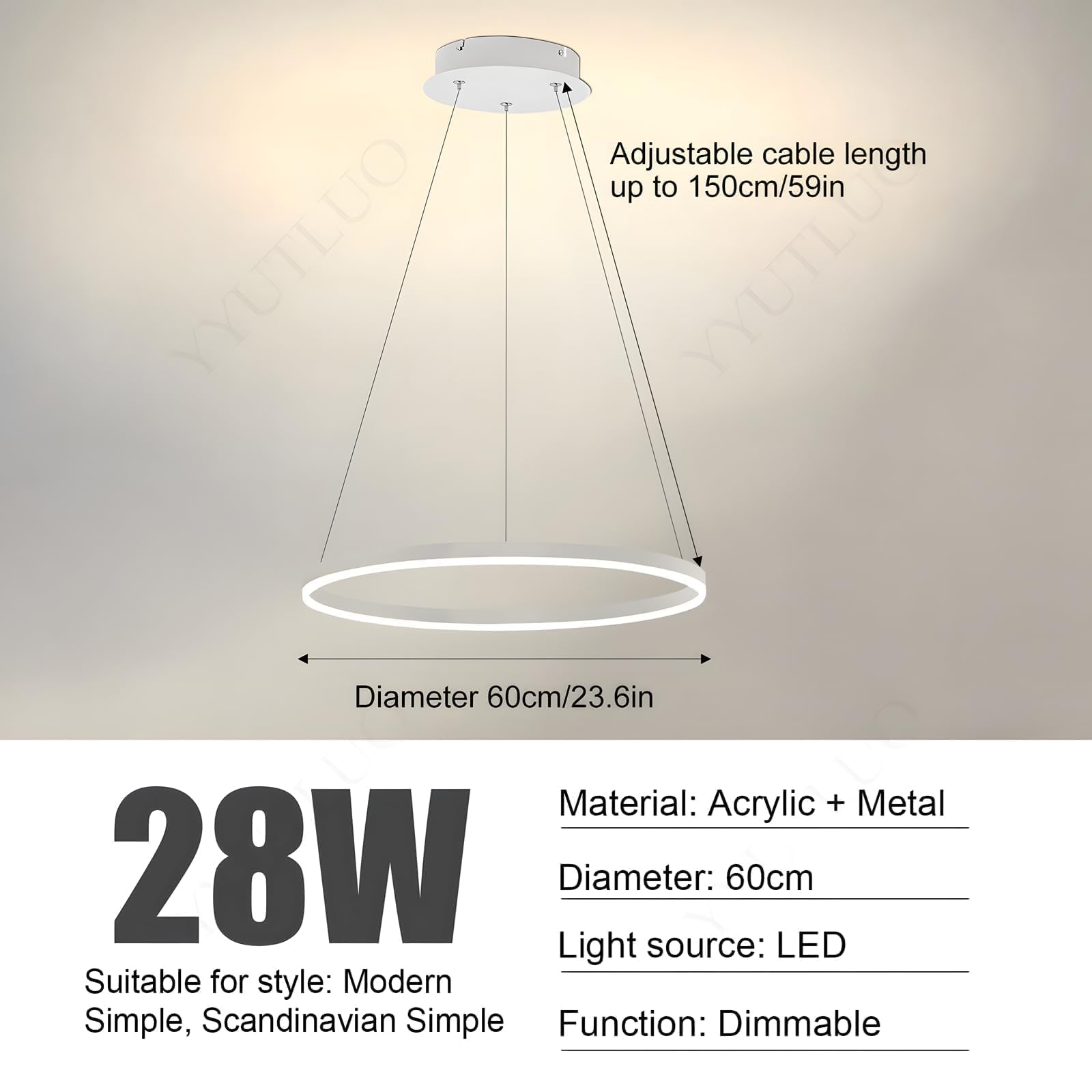 Lampadario LED Moderno DIY Cerchio | 1 Bianco Anelli :60cm=29W | Illuminazione A Sospensione LED In Metallo+Acrilico Telecomando Dimmerabile Lampada Sospensione Soffitto Rotondo Soggiorno