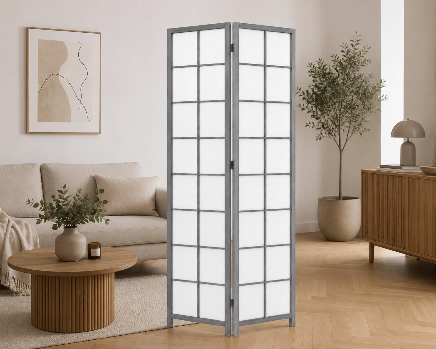 Paravent de pièce en bois blanc Scandi Chic Gris (J004) - Panneau 2