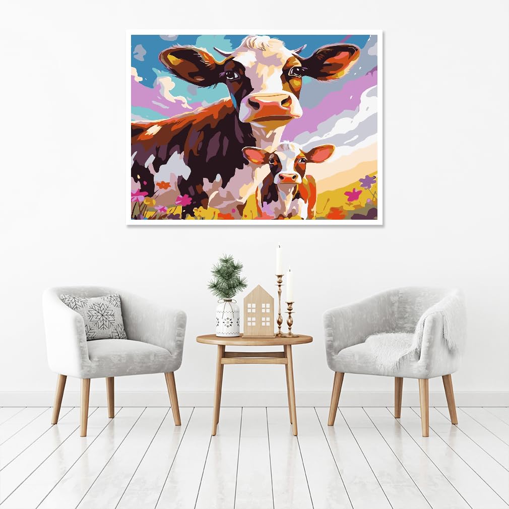 Pittura a olio con i numeri, per adulti, motivo: mucca con i numeri, su tela senza cornice, fai da te, idea regalo, decorazione da parete per la casa (40,6 x 30,5 cm