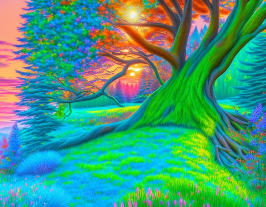 Tableau sur toile grand arbre et coucher de soleil pour salon