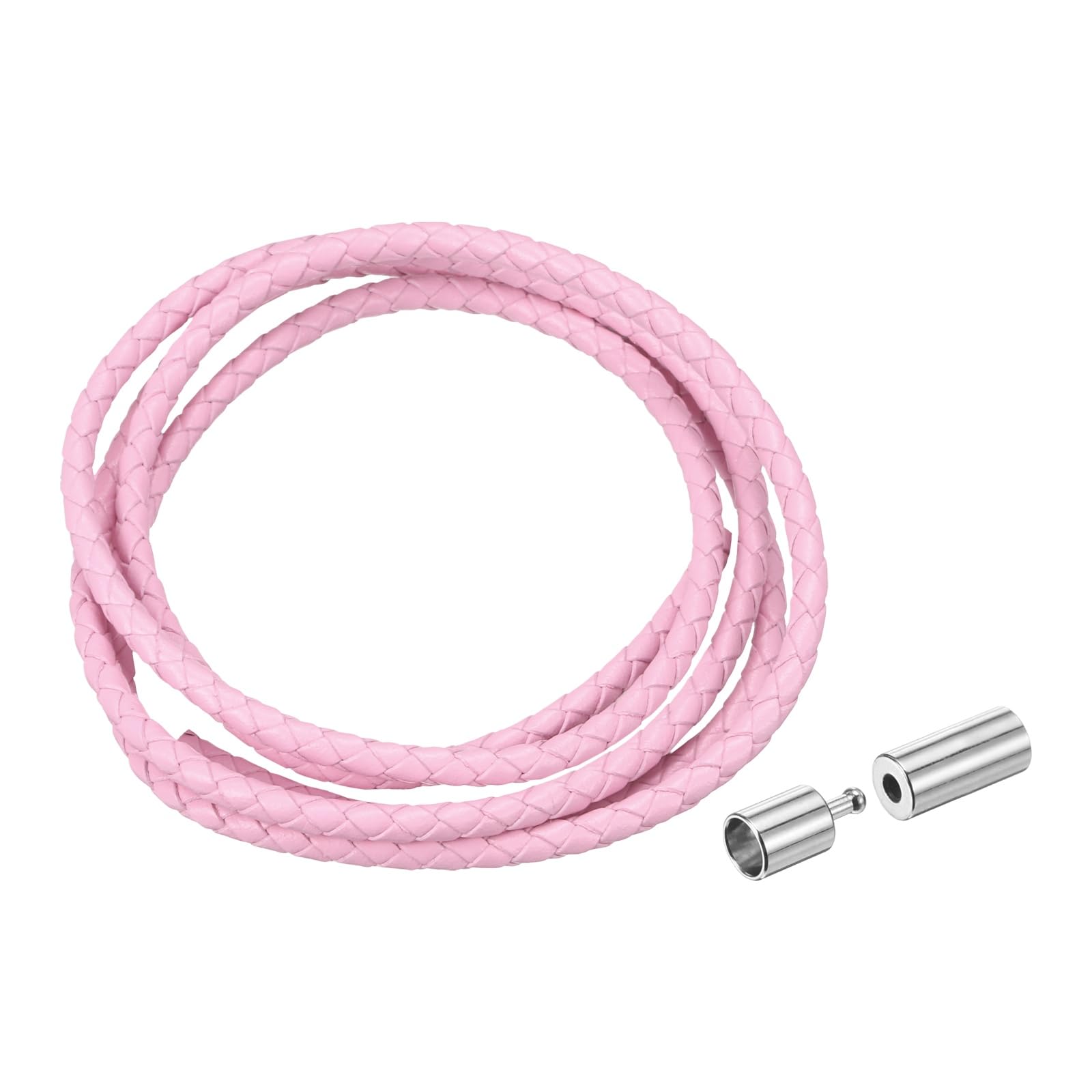 sourcing map Braided Genuine Leather Cord, 4mm 1.1 Yard Round Braiding String with Buttons, Leather Bolo Tie Cord for Crafting, Jewelry Making, Bracelets, Home Decoration, Pink
