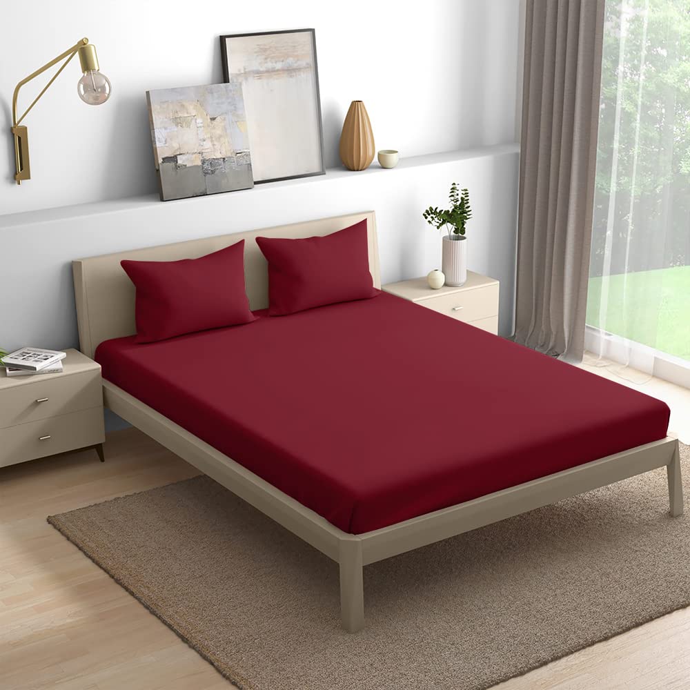 Wakefit Cotton Fitted Bedsheet | 300 TC Elastic Fitted Sheet, Queen Bed Bedsheet with 2 Pillow Covers | Deep Maroon - 78x60 inches
