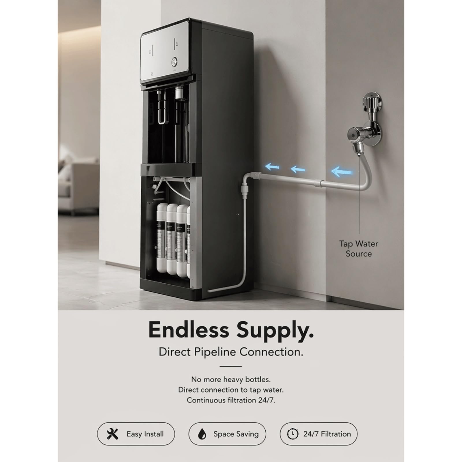 Dispensador De Agua Independiente para Oficina,Conexión Directa A Red De Agua,Sistema De Purificación De 4 Etapas Integrado,Enfriador De Agua Fría Y Caliente,Reemplazo Sencillo De Filtros