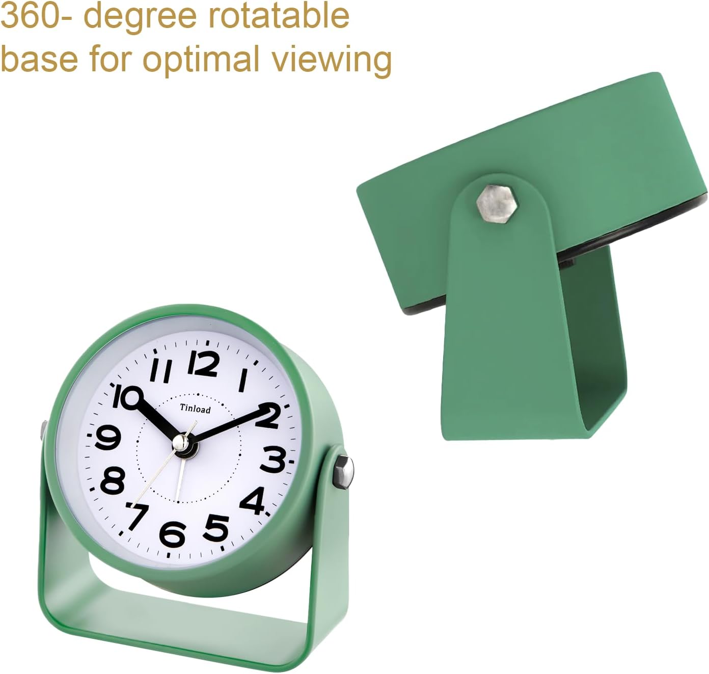 Tinload Analog Alarm Clock for Bedroom, Silent Non-Ticking Quartz Movement, Battery Operated with Snooze & On-Demand Light, Bedside Desk Table Clock, Ideal for Home, Office (Green)