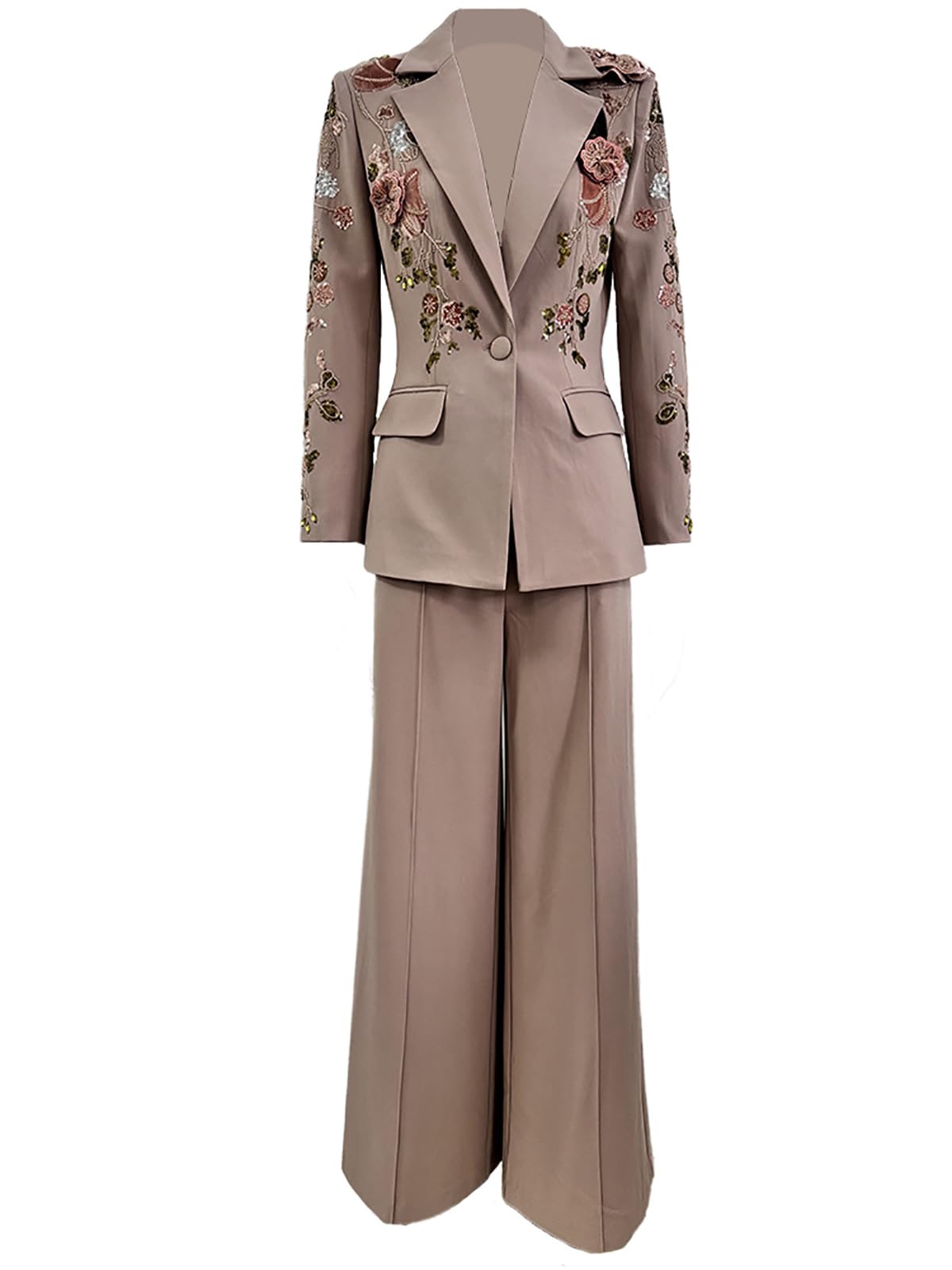 Womens Fashion Tuxedo Suit Set Beading Crystal Embellished Flowers Blazer Loose Pants Elegant Formal Lady 2 Piece Prom