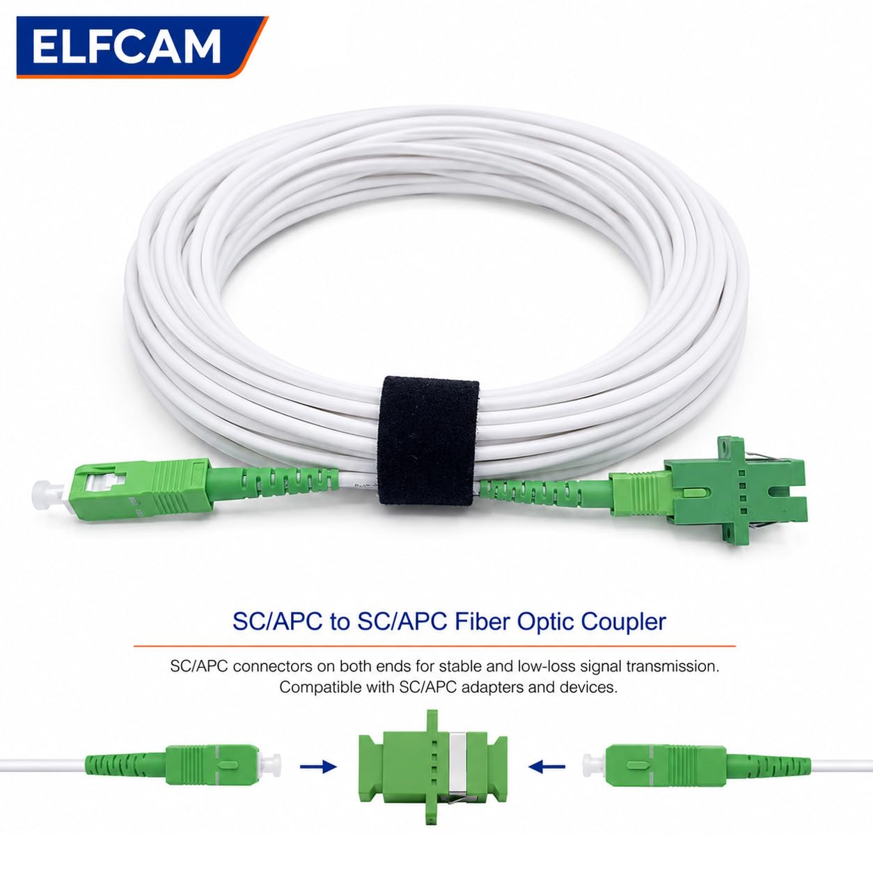 Elfcam® - Cavo Fibra Ottica SC/APC per SC/APC Simplex Monomodale, Fornito con L' adattatore per Allungare cavo fibra, Compatibile con FTTH Fibra, Bianco (1M)