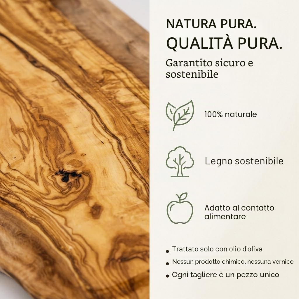 Tagliere personalizzato in legno d'ulivo – Tagliere in legno rustico con incisione e scanalatura circolare (40 – 44 cm)