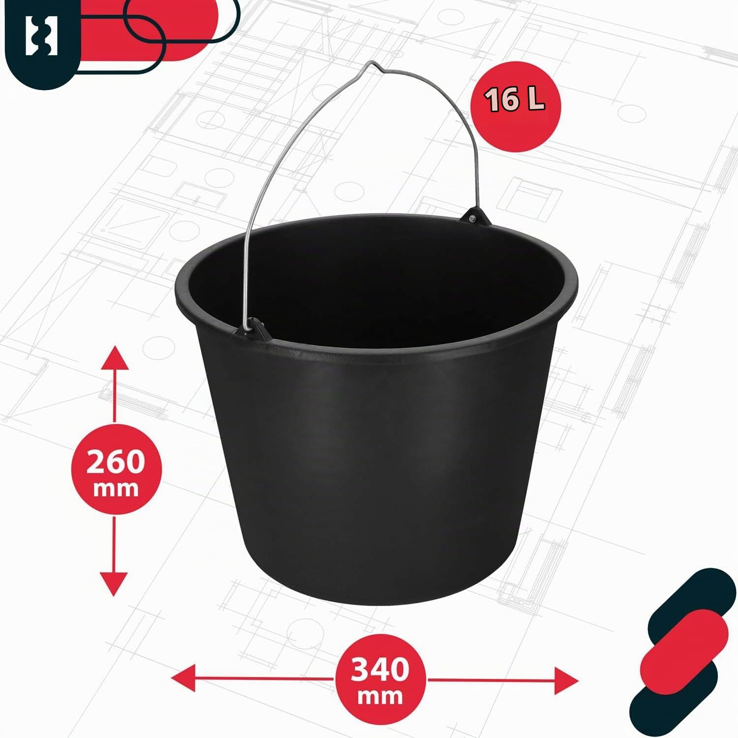 KOTARBAU® Jeu de 20 Seaux de Construction 16l Seau à plâtre Seau à mortier Seau à Ciment Seau à Eau Seau de Jardin Seau en Plastique Noir