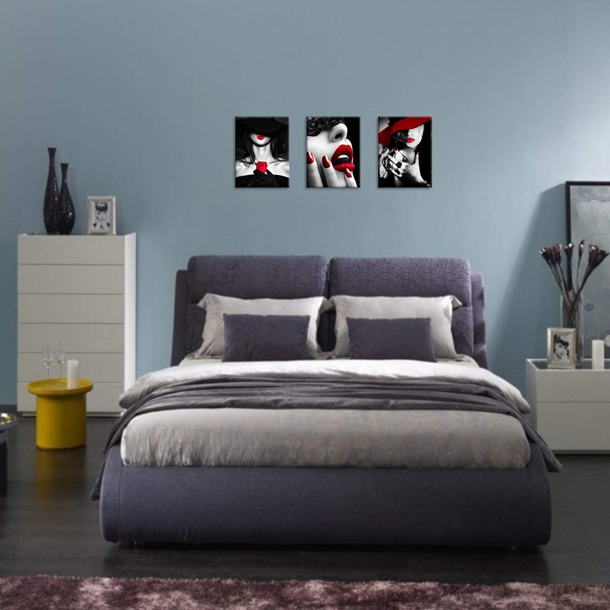 Bedroom Decor for Women Red Lips Black and White Bathroom decor wall art Red Rose Fashion Room Decor Office Modern Art Wall Decor 3 Pieces Canvas Wall Art for Kitchen Home Decorations 12x16inchx3pcs
