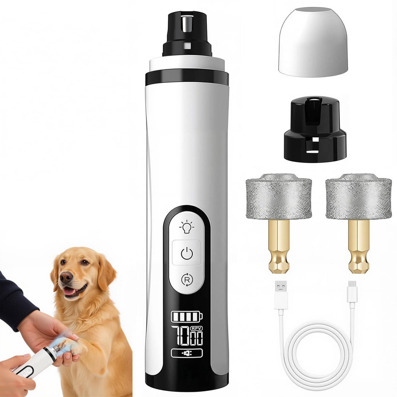 Silent Groom Pro Dog Nail Grinders, Quiet Dog Nail Grinder with 3-Speed Adjustment, Built-In LED Light, USB Rechargeable, with 2 Replacement Grinding Heads for Large Medium Small Dogs and Cats