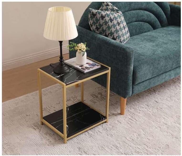 HomeStock Modern End Table with Gold Metal Frame and Black Faux Marble Top Rectangular Accent Table for Living Room Decor 16" L x 12" W x 18" H