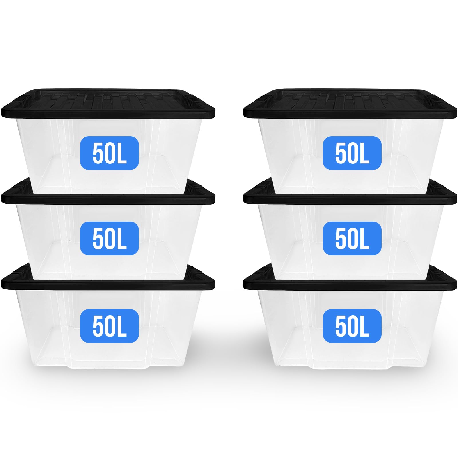 Kapco Black Large Storage Boxes With Lids 50 Litre (6 Pack) – Heavy Duty Stackable Plastic Container | Durable & Bpa Free | Ideal For Clothes, Toy Storage, Or Garage Organisation | 50L (Set Of 6) | Bulk Buy