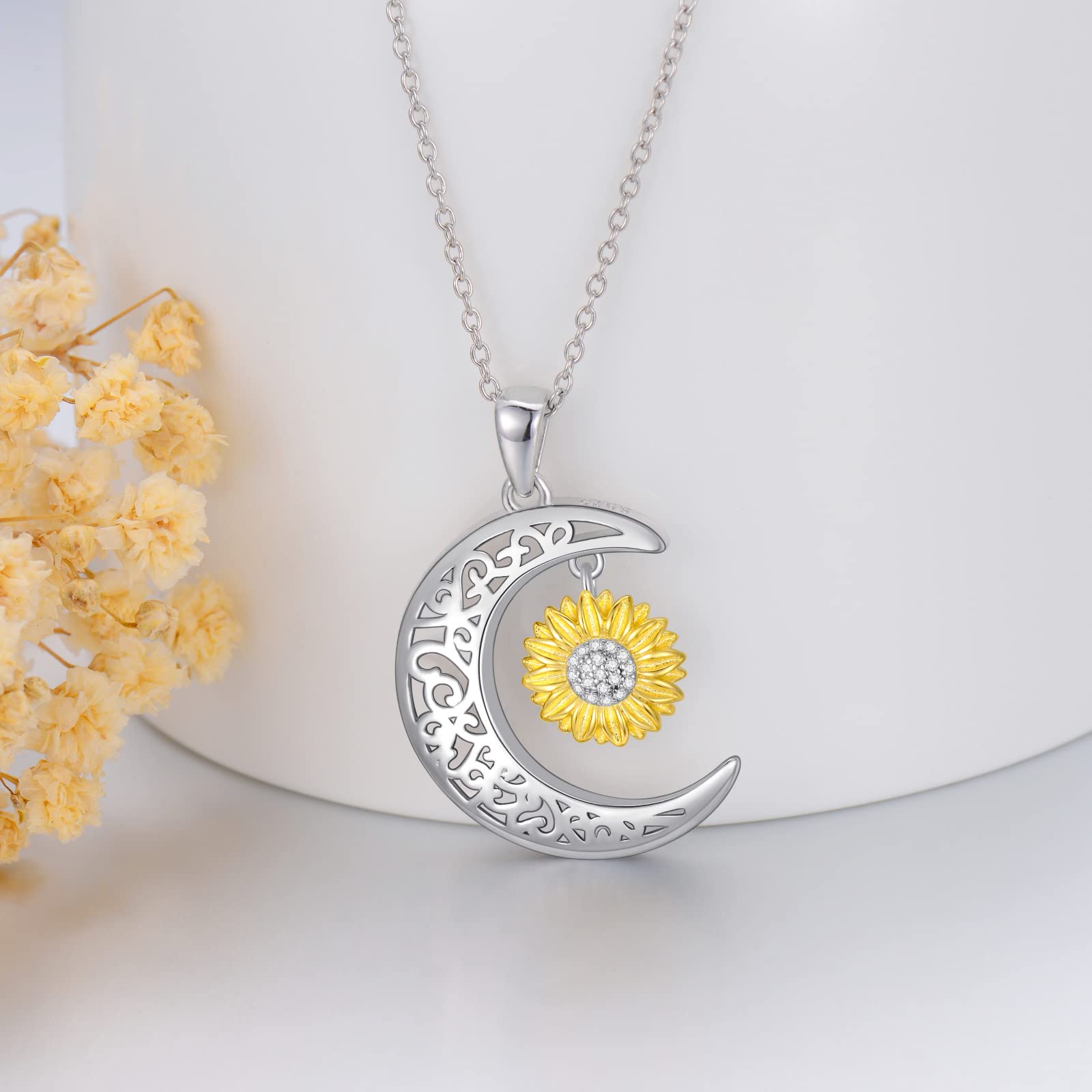 VONALA Collana con luna e girasole, luna collana in argento Sterling 925 girasole ciondolo collana per donne ragazze, Argento sterling