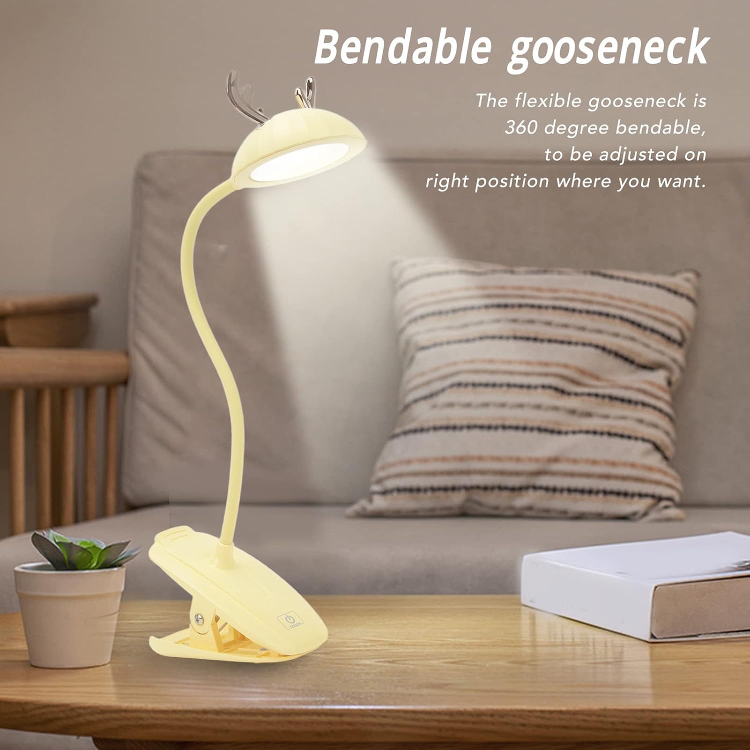 Acouto Cute LED ClipOn Lamp with Gooseneck, Dimmable Night Light, Touch Control, 3 Color Temperatures for Reading, Portable and EyeFriendly