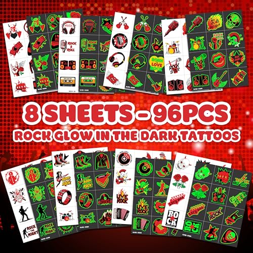 Image of Glow in the Dark Rock and Roll Temporary Tattoos for Kids, 96 PCS Pre-Cut | Luminous Super Cute Themed Birthday Party Favors Supplies Decorations, Music Fake Tattoos Gifts for Boys Girls
