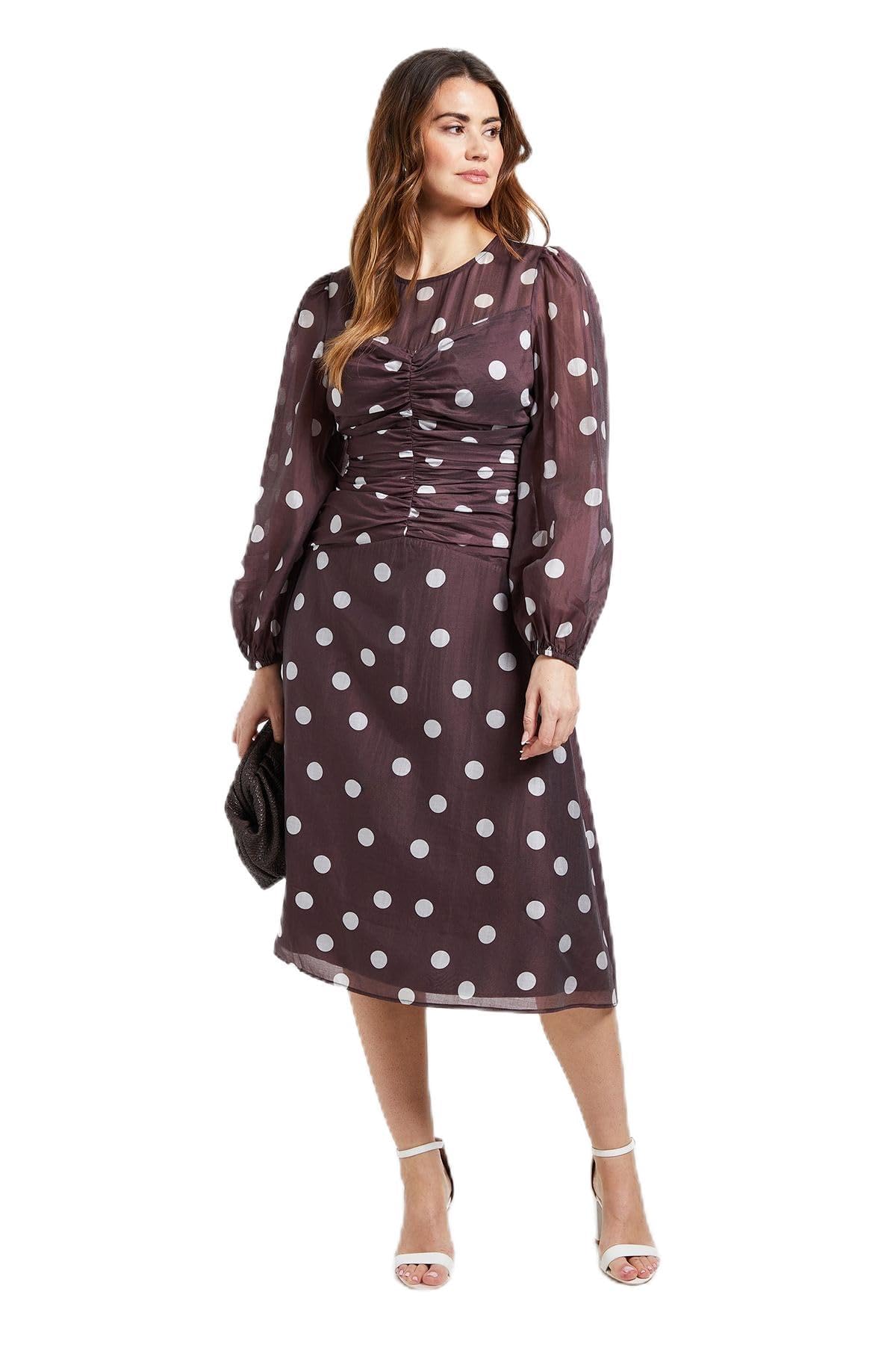 Wallis Polka Dot Ruched Midi Dress, 12, Chocolate