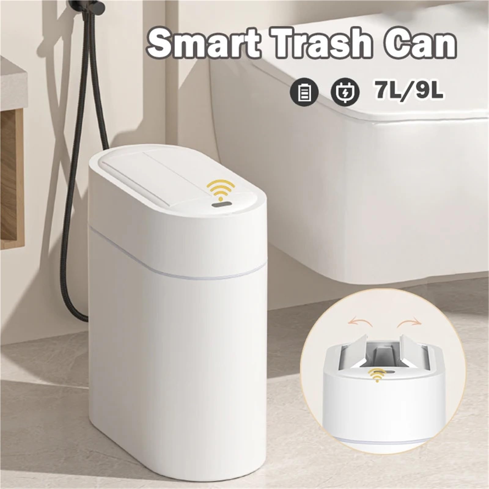 Cestino, Pattumiera con sensore intelligente bidirezionale da 7/9 litri coperchio, montaggio a parete, cestino per WC a fessura stretta, per cucina, pattumiera a induzione per il Bagno(9L-battery)