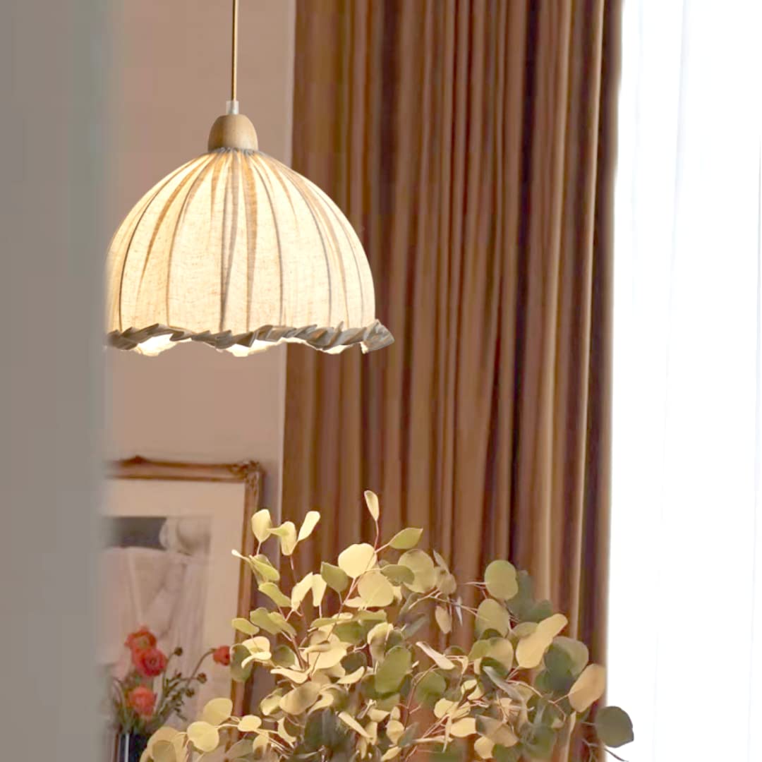 Lampe à suspension en forme de bouton de fleur Style pastoral Abat-jour en coton Plafonnier Lampe de chevet Lustre décoratif pour chambre à coucher, salon, table à manger