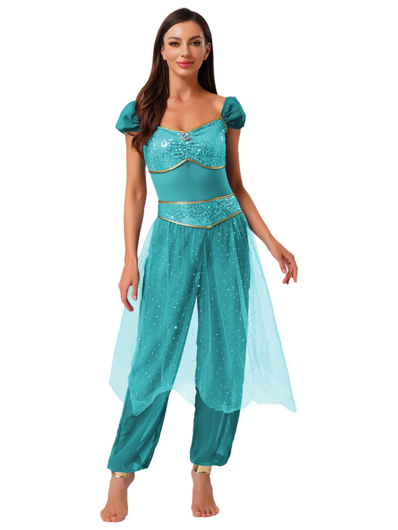 Women's Arabian Jasmine Princess Costume Shiny Sequin Belly Dance Halloween Jumpsuits with Tulle