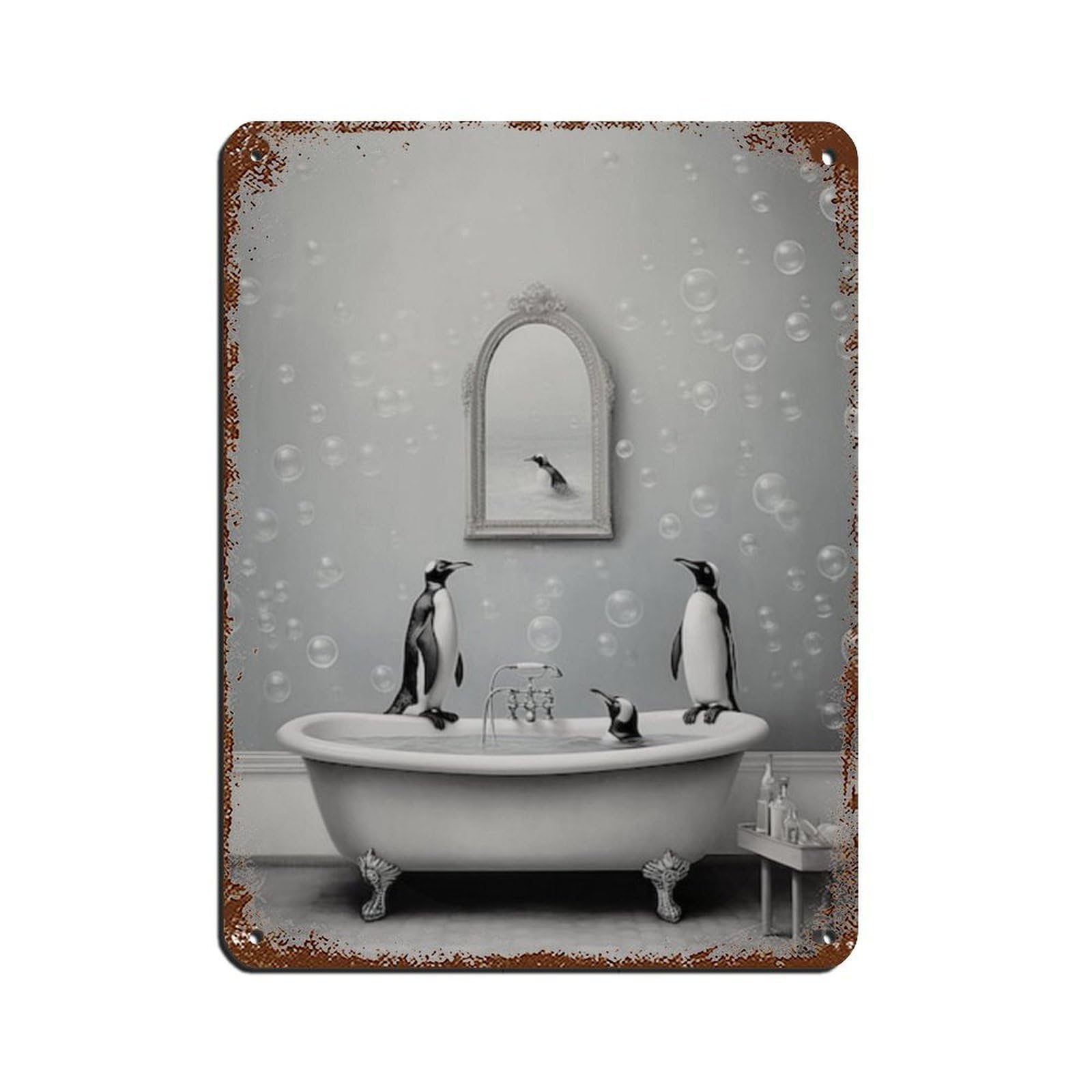 Adorable Penguins in Tub Bathroom Art Poster Tin Sign Vintage Metal Pub Club Cafe Bar Home Wall Art Decoration Poster Retro 12x16inch(30x40cm)