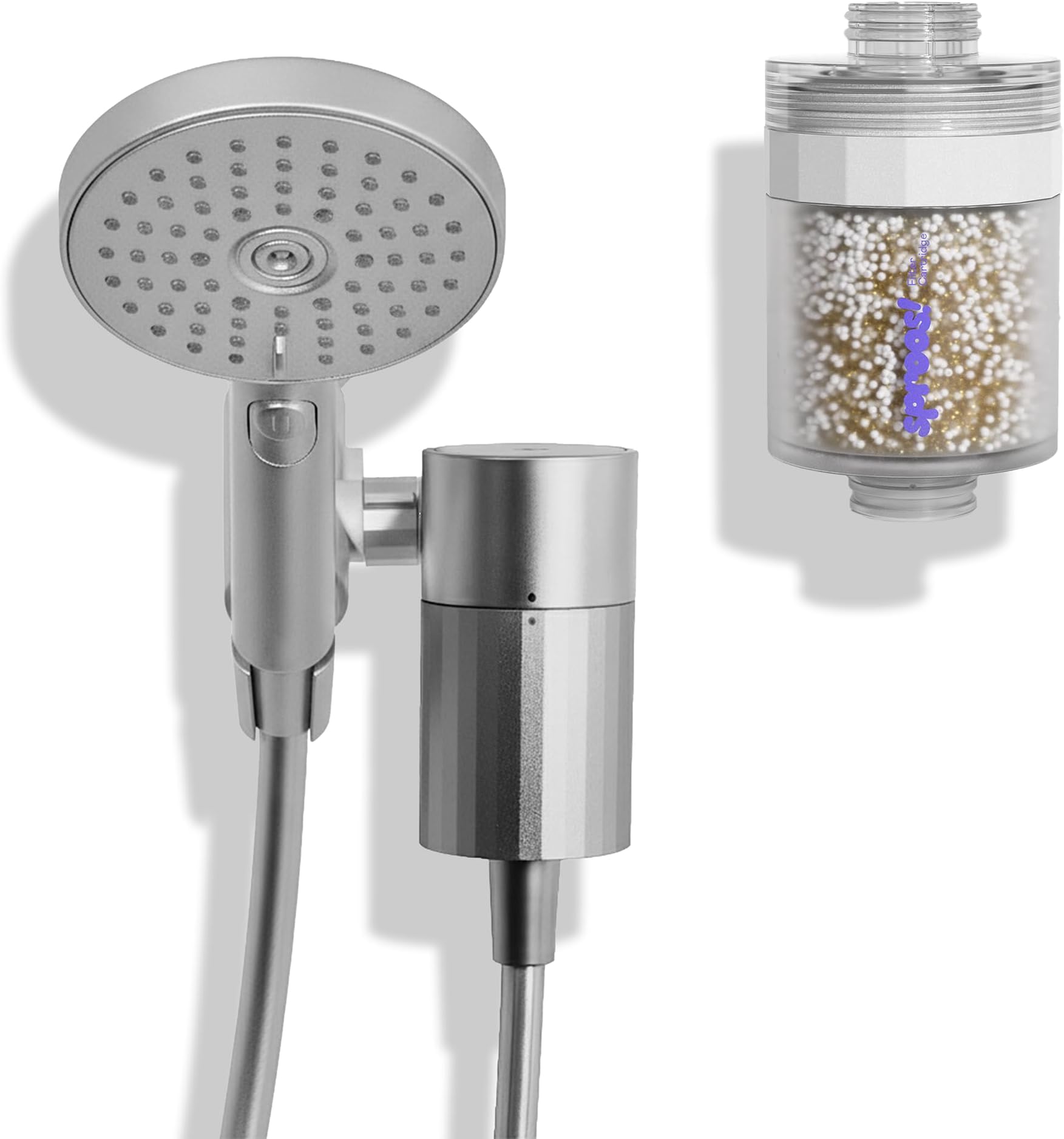 Sproos - Handheld Showerhead with Filter Set + 1 Extra Filter Cartridge, High Performance Filtration System for Healthier Hair and Skin, Extra Long 70 Inch Hose, 3 Customized Spray Functions, Silver