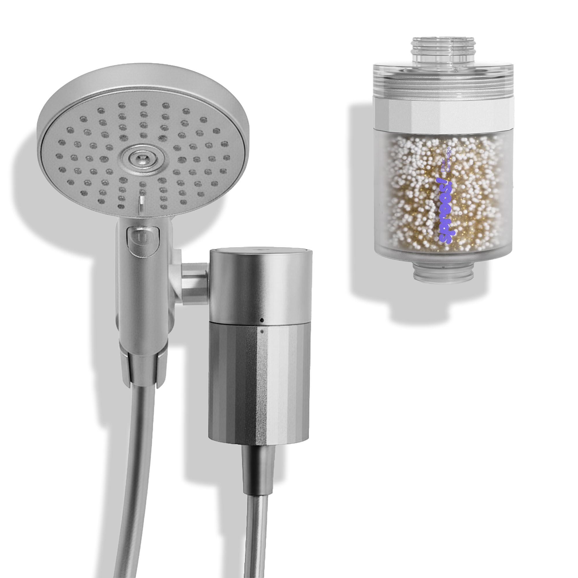 Sproos - Handheld Showerhead with Filter Set + 1 Extra Filter Cartridge, High Performance Filtration System for Healthier Hair and Skin, Extra Long 70 Inch Hose, 3 Customized Spray Functions, Silver