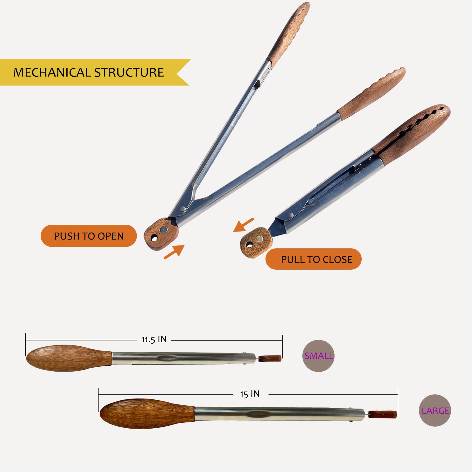 H&Zebrabro 2 pinzas para alimentos con punta de madera, pinzas de ensalada para cocinar, servir, parrilla, pinzas de cocina con mango de acero inoxidable, juego de herramientas de cocina