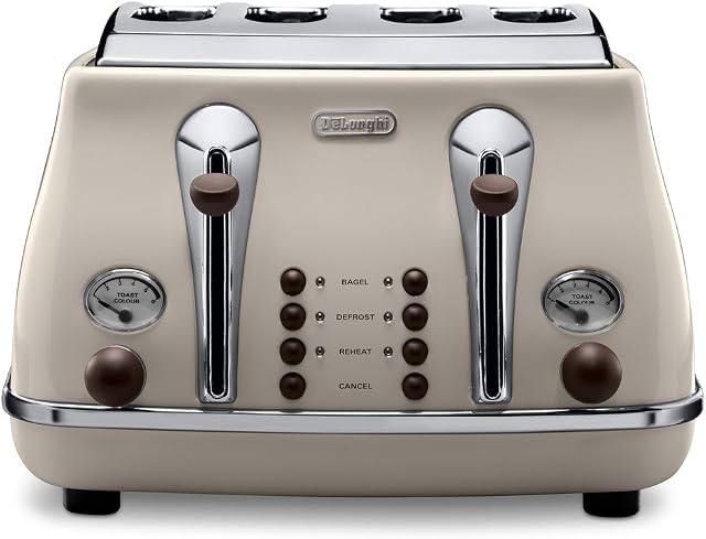 De'Longhi Icona Vintage 4 slot toaster, reheat, defrost, one-side bagel & 6 browning settings, CTOV4003BG, Beige