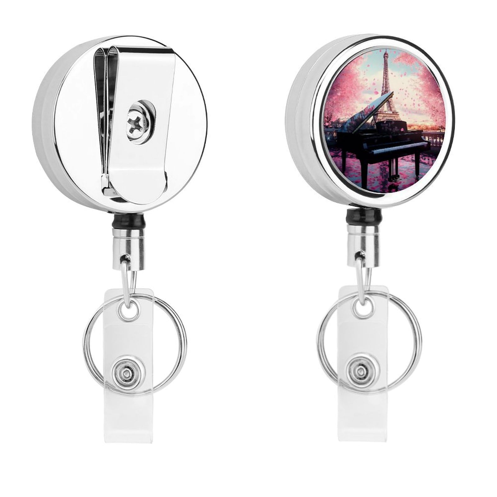 Eiffel Tower Cherry Flowers Retractable Badge Holder Metal ID Name Holder Key Ring with Belt Clip