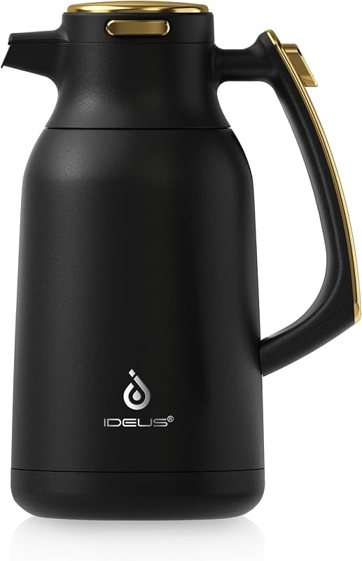 IDEUS Jarra térmica de café, termo de acero inoxidable con aislamiento de doble pared, jarra de agua, servidor de café y dispensador de bebidas, retención de calor y frío (negro-oro, 68, onzas líquidas)
