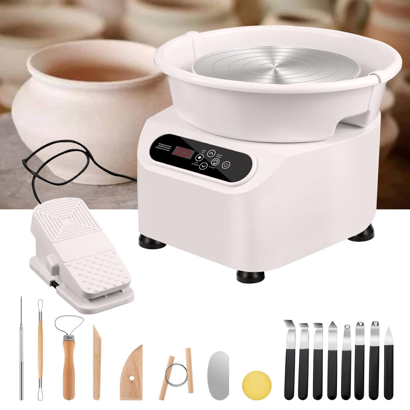 FBJAMZ Electric Pottery Wheel,Foot Pedal,Touch Screen DIY Clay Tool Kit with 16 Accessories, Forward/Reverse Rotation, Ideal Ceramic Artists (White)