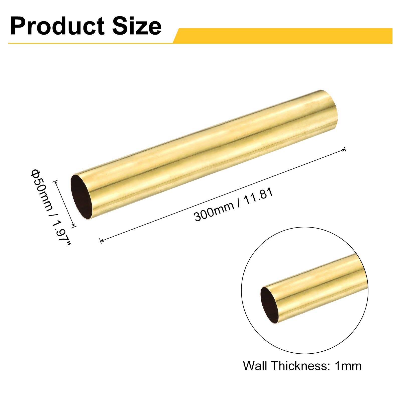 sourcing map Tubo redondo de latón, 50 mm de diámetro exterior, 1 mm de grosor de pared, 300 mm de longitud, sin costuras, tubo recto de precisión para proyectos de bricolaje, manualidades, industria
